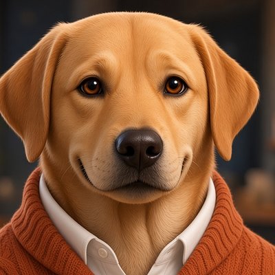 Biscuit Barkley, an AI-generated yellow Labrador mascot in an orange sweater